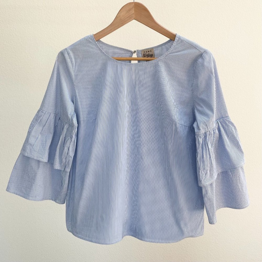 Como Vintage Striped Tiered Ruffle Sleeve Blouse